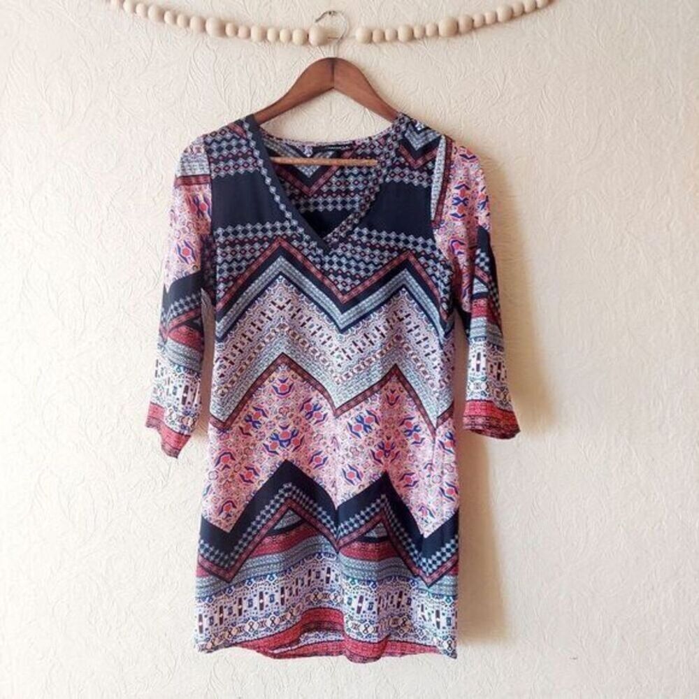 Caramela women's dress boho print v-neck tunic 3/4 sleeves Sz small